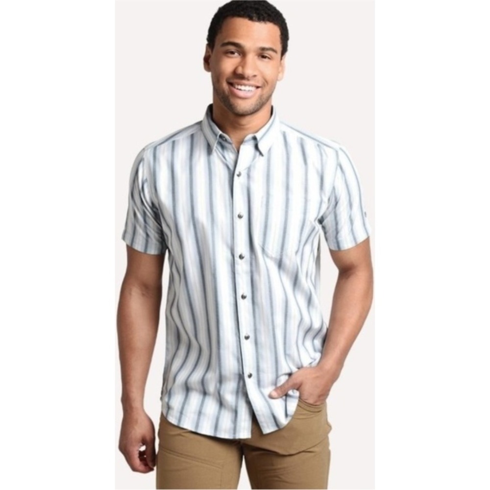 Kuhl Mens Large Short Sleeve Button Down Shirt Blue Grey Striped Hiking Outdoor